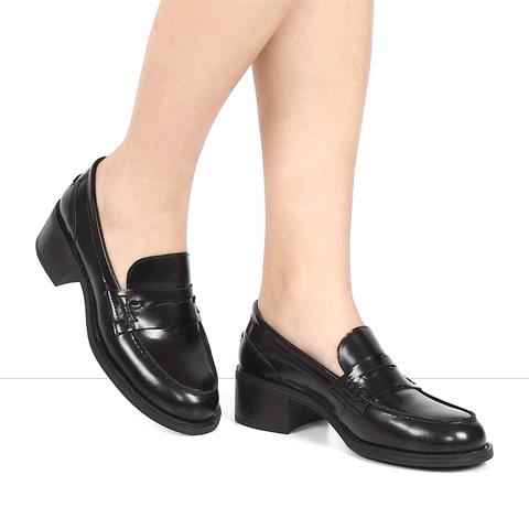 Kadın Siyah Kalın Topuklu Açma Deri Klasik Ayakkabı