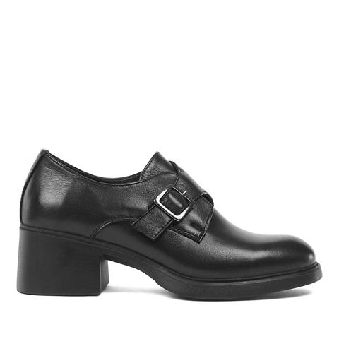 Kadın Siyah Kalın Topuklu Deri Ayakkabı