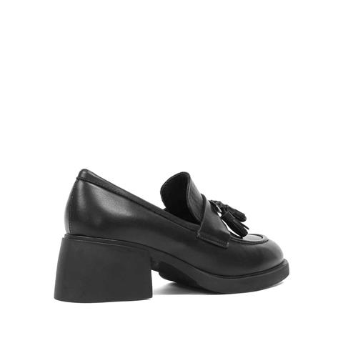 Kadın Siyah Kalın Topuklu Deri Klasik Ayakkabı