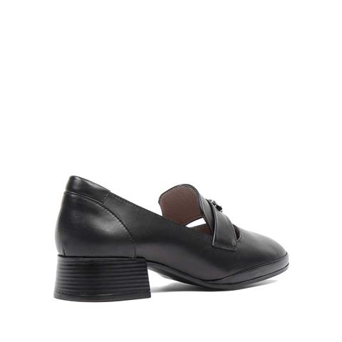 Kadın Siyah Kalın Topuklu Deri Klasik Ayakkabı