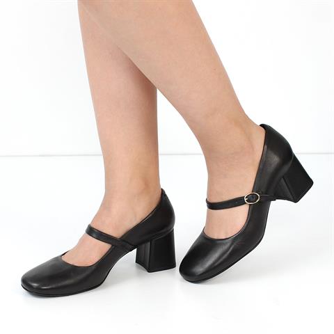Kadın Siyah Kalın Topuklu Deri Klasik Ayakkabı