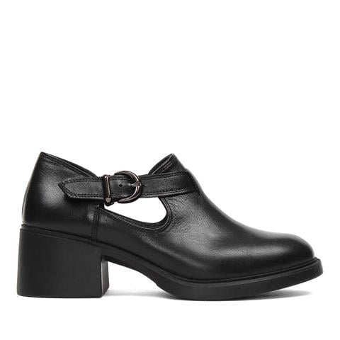 Kadın Siyah Kalın Topuklu Deri Klasik Ayakkabı