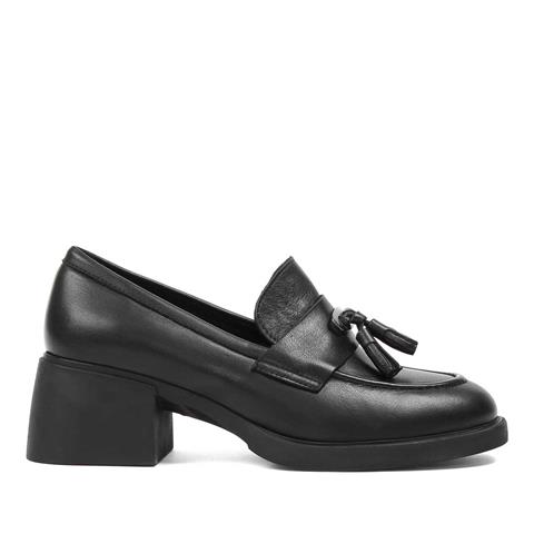 Kadın Siyah Kalın Topuklu Deri Klasik Ayakkabı