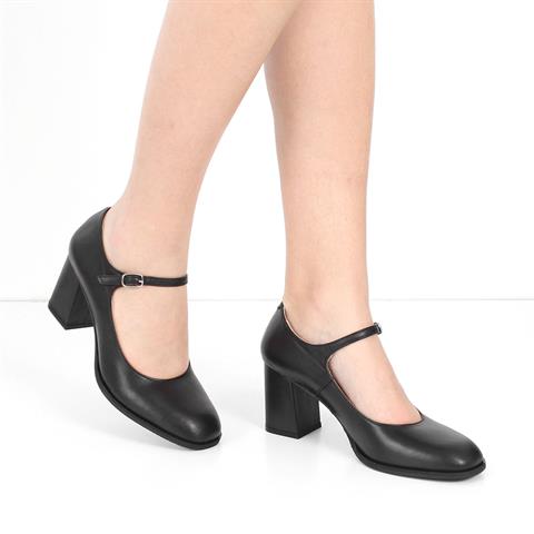 Kadın Siyah Kalın Topuklu Deri Klasik Ayakkabı