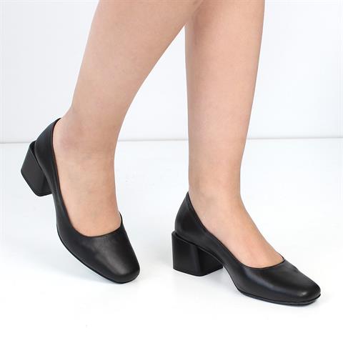 Kadın Siyah Kalın Topuklu Deri Klasik Ayakkabı