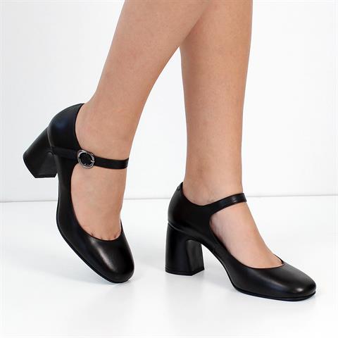 Kadın Siyah Kalın Topuklu Deri Klasik Ayakkabı