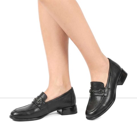 Kadın Siyah Kalın Topuklu Deri Loafer