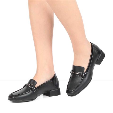 Kadın Siyah Kalın Topuklu Deri Loafer