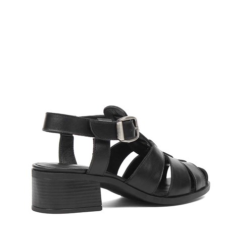 Kadın Siyah Kalın Topuklu Deri Sandalet