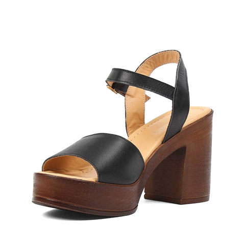 Kadın Siyah Kalın Topuklu Deri Sandalet