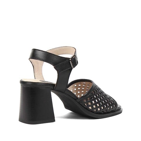 Kadın Siyah Kalın Topuklu Deri Sandalet