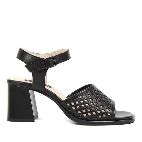 Kadın Siyah Kalın Topuklu Deri Sandalet