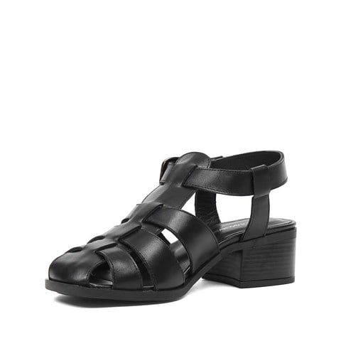 Kadın Siyah Kalın Topuklu Deri Sandalet