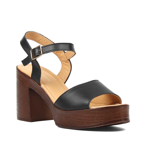 Kadın Siyah Kalın Topuklu Deri Sandalet
