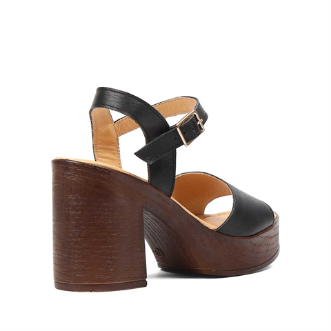 Kadın Siyah Kalın Topuklu Deri Sandalet