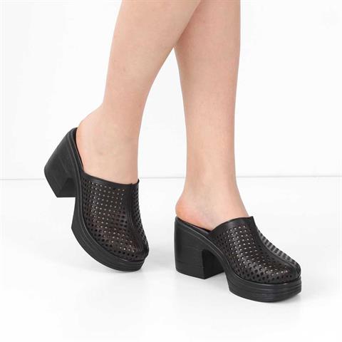 Kadın Siyah Kalın Topuklu Deri Terlik