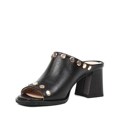 Kadın Siyah Kalın Topuklu Deri Terlik