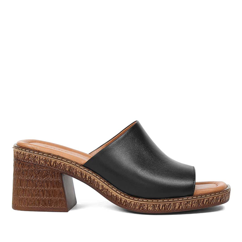 Kadın Siyah Kalın Topuklu Deri Terlik