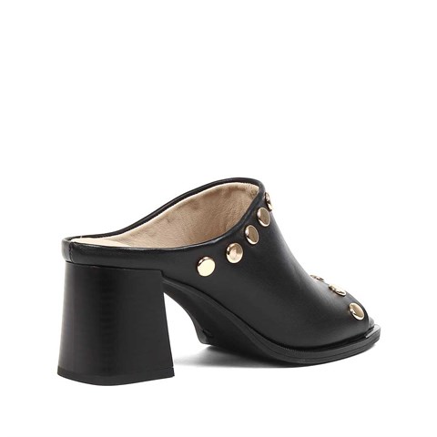 Kadın Siyah Kalın Topuklu Deri Terlik