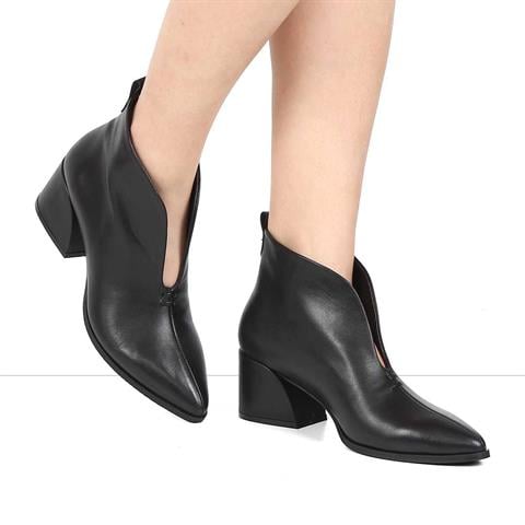 Kadın Siyah Kalın Topuklu Flotter Deri Bot