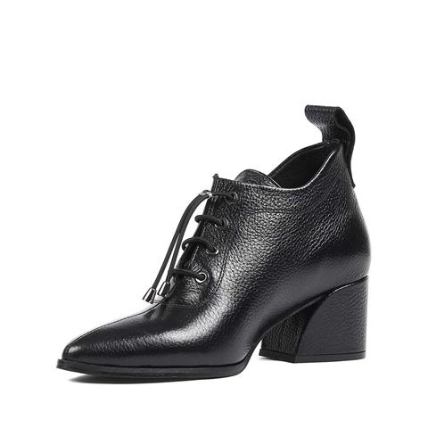 Kadın Siyah Kalın Topuklu Flotter Deri Ayakkabı