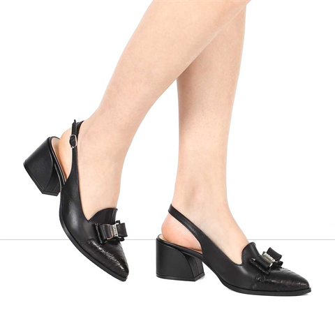 Kadın Siyah Kalın Topuklu Kroko Deri Ayakkabı