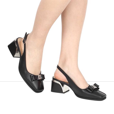 Kadın Siyah Kalın Topuklu Kroko Deri Ayakkabı