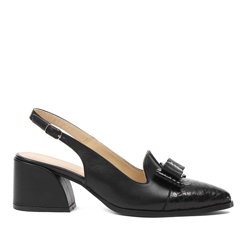 Kadın Siyah Kalın Topuklu Kroko Deri Ayakkabı