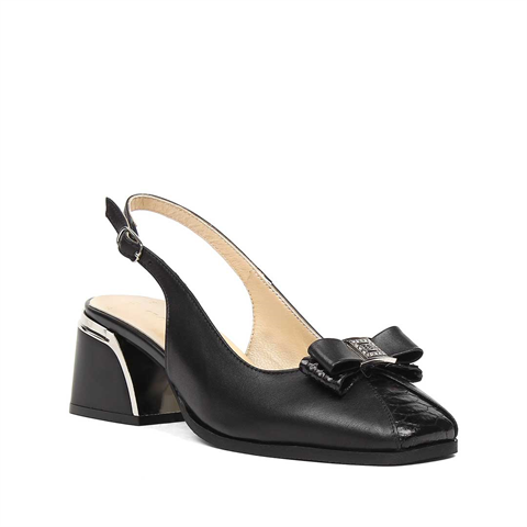 Kadın Siyah Kalın Topuklu Kroko Deri Ayakkabı