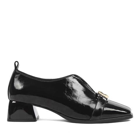 Kadın Siyah Kalın Topuklu Rugan Deri Ayakkabı