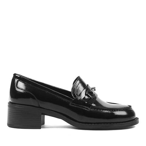 Kadın Siyah Kalın Topuklu Rugan Deri Ayakkabı