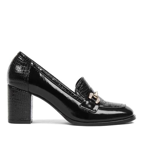 Kadın Siyah Kalın Topuklu Rugan Deri Klasik Ayakkabı