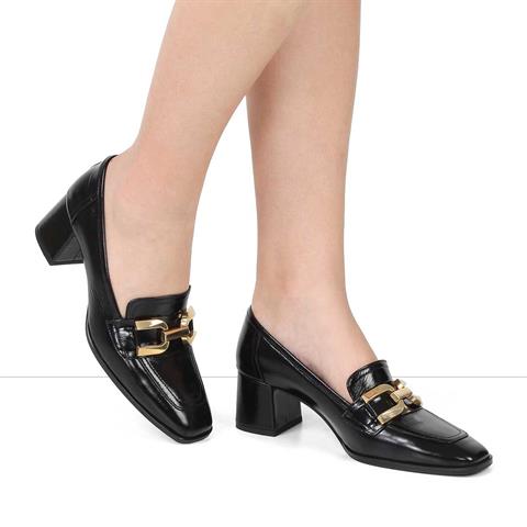 Kadın Siyah Kalın Topuklu Rugan Deri Klasik Ayakkabı