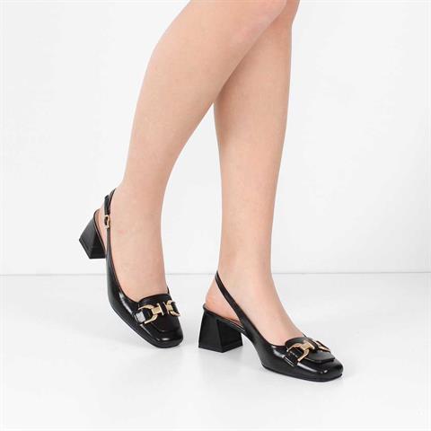 Kadın Siyah Kalın Topuklu Rugan Deri Klasik Ayakkabı