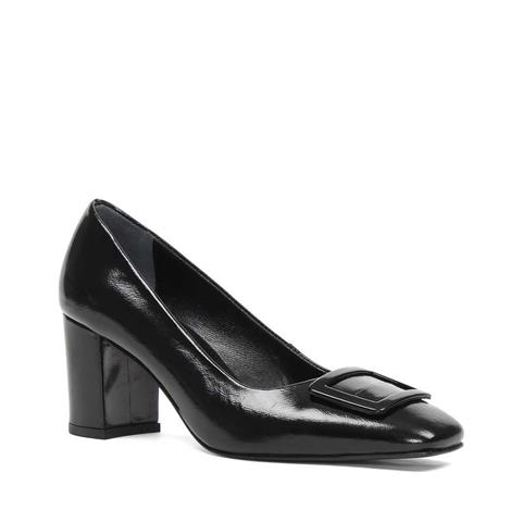 Kadın Siyah Kalın Topuklu Rugan Deri Klasik Ayakkabı