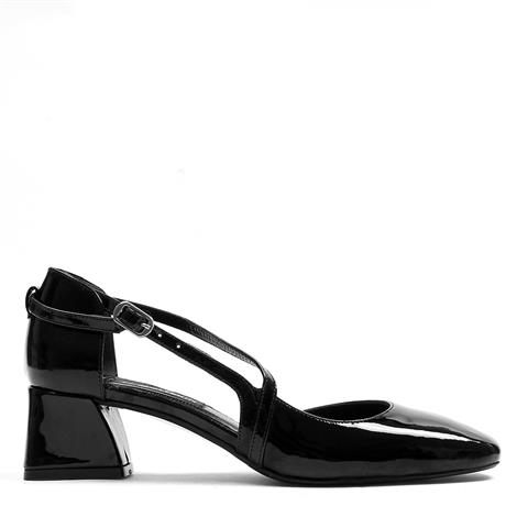 Kadın Siyah Kalın Topuklu Rugan Deri Klasik Ayakkabı