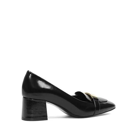 Kadın Siyah Kalın Topuklu Rugan Deri Klasik Ayakkabı