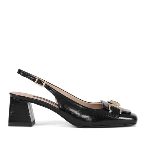 Kadın Siyah Kalın Topuklu Rugan Deri Klasik Ayakkabı