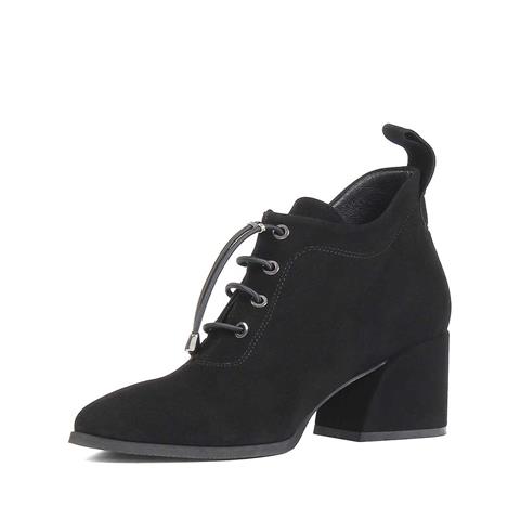 Kadın Siyah Kalın Topuklu Süet Deri Ayakkabı