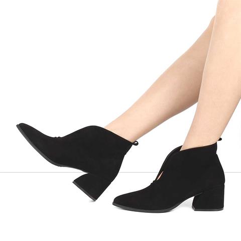 Kadın Siyah Kalın Topuklu Süet Deri Bot