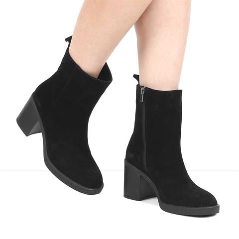 Kadın Siyah Kalın Topuklu Süet Deri Bot