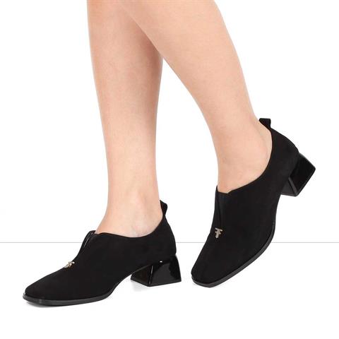 Kadın Siyah Kalın Topuklu Süet Deri Klasik Ayakkabı