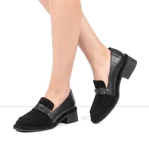 Kadın Siyah Kalın Topuklu Süet Deri Loafer