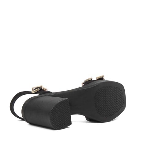 Kadın Siyah Kalın Topuklu Süet Deri Sandalet