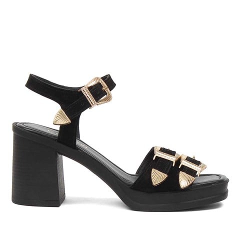 Kadın Siyah Kalın Topuklu Süet Deri Sandalet