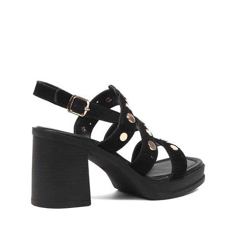 Kadın Siyah Kalın Topuklu Süet Deri Sandalet