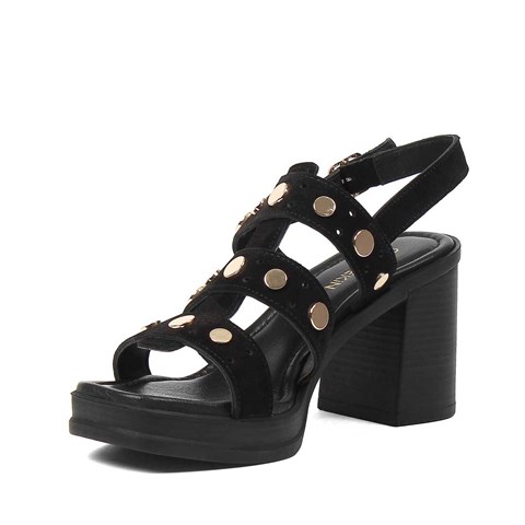 Kadın Siyah Kalın Topuklu Süet Deri Sandalet