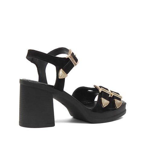 Kadın Siyah Kalın Topuklu Süet Deri Sandalet