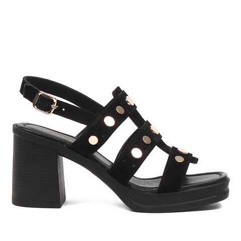 Kadın Siyah Kalın Topuklu Süet Deri Sandalet