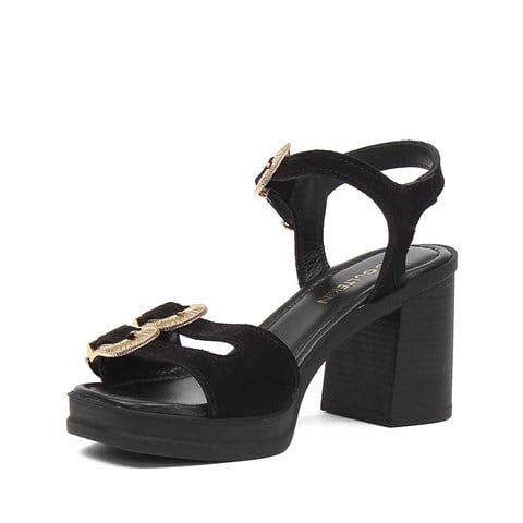 Kadın Siyah Kalın Topuklu Süet Deri Sandalet